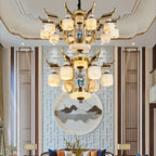 All Copper Jade Chandelier for Villa Living Room, Dining Room - Chinese Style Duplex Copper Lamp