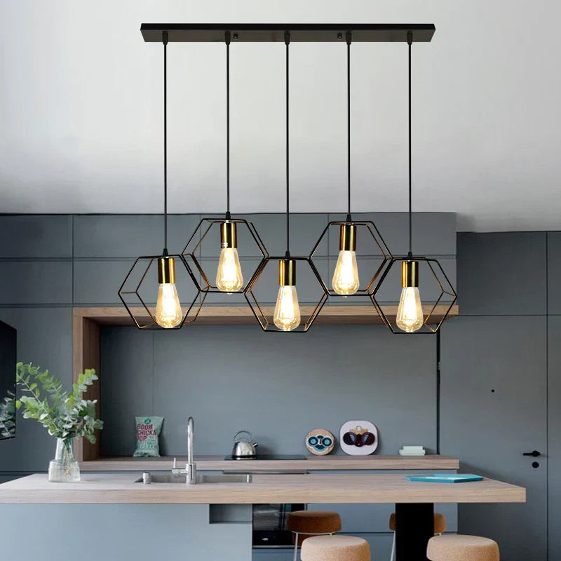 Geometric LED Chandelier: Modern Metal Frame Light for Dining Room or Bedroom