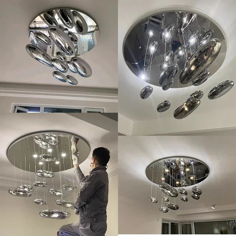 Chrome LED Pendant Lights: Modern Water Droplets Chandeliers for Living, Dining, Bedroom.