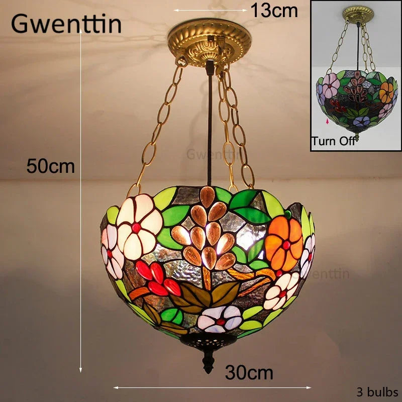 Mediterranean Tiffany Stained Glass Pendant Light Vintage Hanging Lamp Art Decor