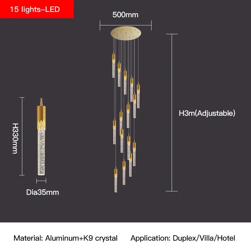 Crystal Staircase Chandelier: Modern Loft Hanging Lamps with Gold Finish