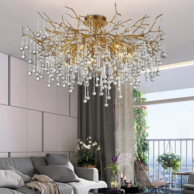 Modern Crystal Gold Tree Branch Ceiling Chandelier for Bedroom and Living Room