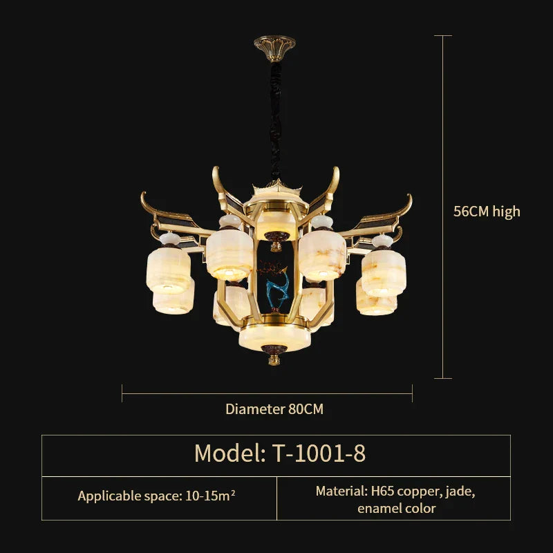All Copper Jade Chandelier for Villa Living Room, Dining Room - Chinese Style Duplex Copper Lamp