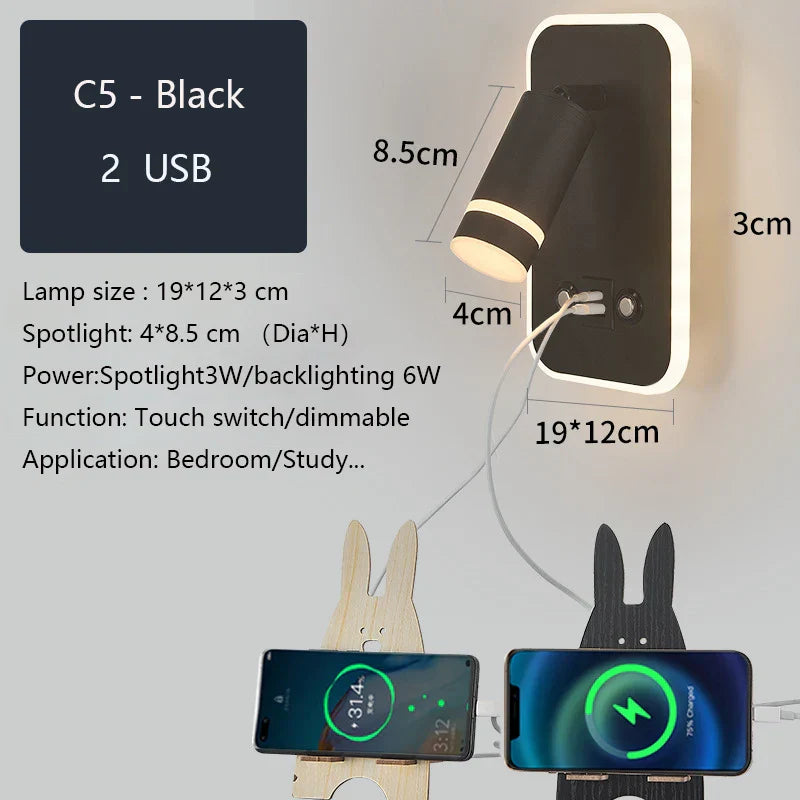 LED Wall Sconce Lamp Touch Switch USB Bedside Reading Light Tri-color Diammable