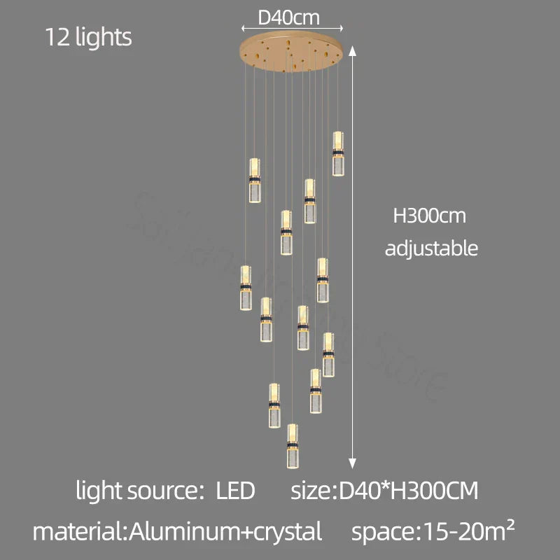 Crystal Columnar Chandelier Stair Light for Home, Restaurant, Bar, and Villa