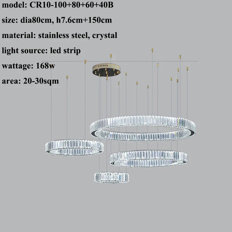Luxury Steel Crystal Chandelier Dimmable LED Pendant Lights with Remote Control