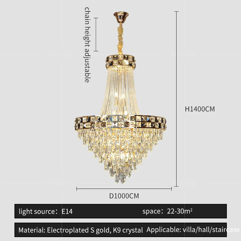 Smart Dimming Crystal Chandelier for Luxury Villa Living Room, High-end Duplex Building Atmosphere