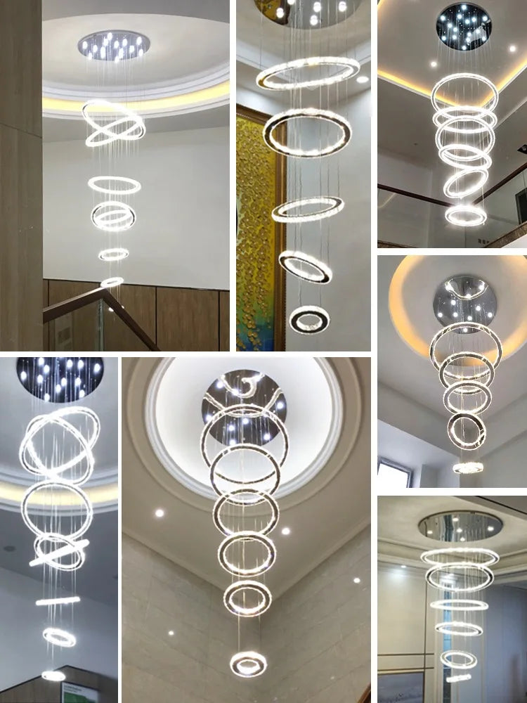 Chrome Rings Crystal Chandelier: Modern Luxury Staircase Lighting for Villa Lobby Fixtures