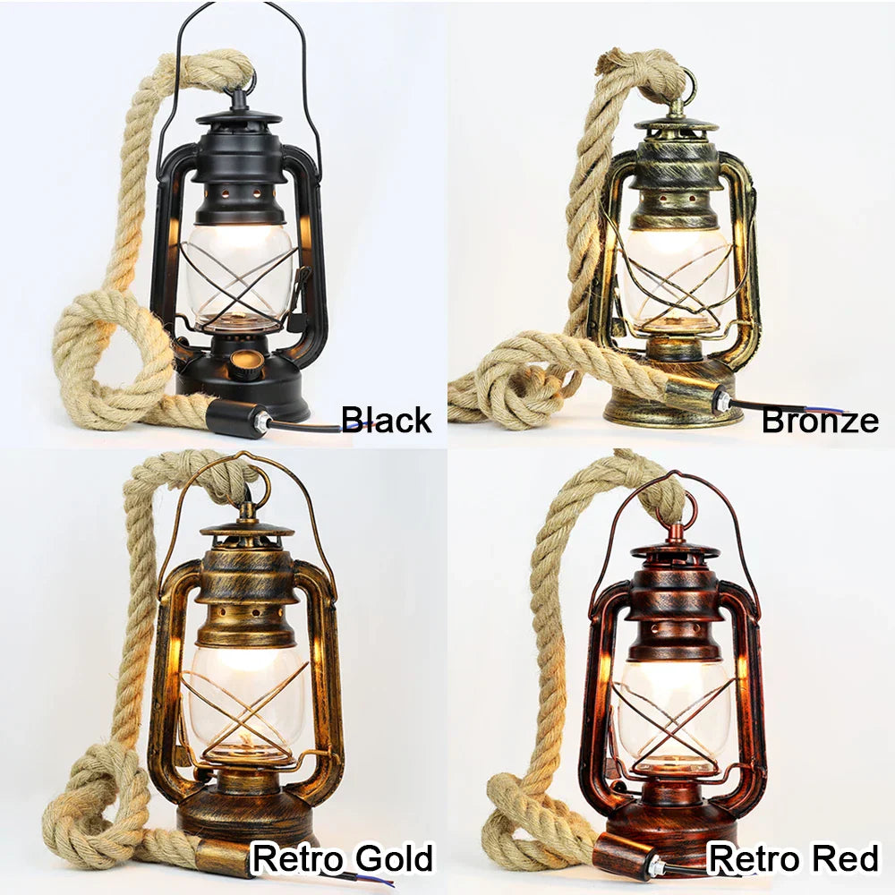 Vintage Kerosene Pendant Light Fixture with Hemp Rope for Home Decor