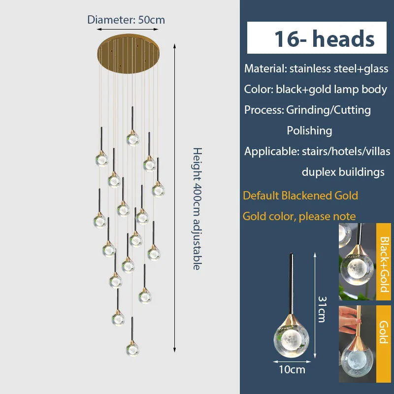 Gold Crystal Raindrop Chandelier for Staircase Foyer