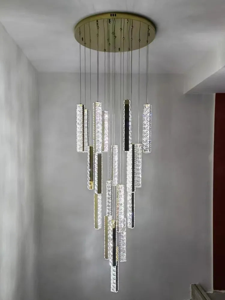Gold Chrome Steel Crystal Pendant Lights with Dimmable LED for Villa Stair