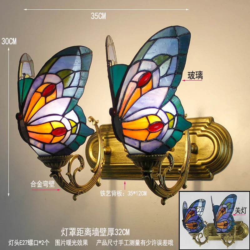 Butterfly Glass Sconces LED Wall Lamps Tiffany Mediterranean Bedroom Lighting