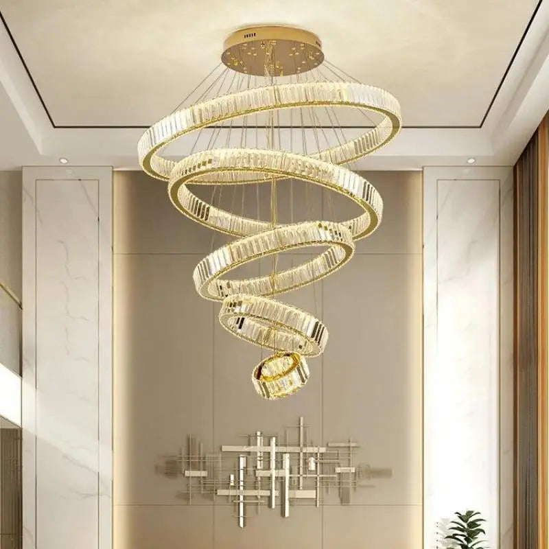 Crystal Circle LED Chandelier: Nordic Modern Stairs Pendant Lighting with Dimmable LED for Living Room