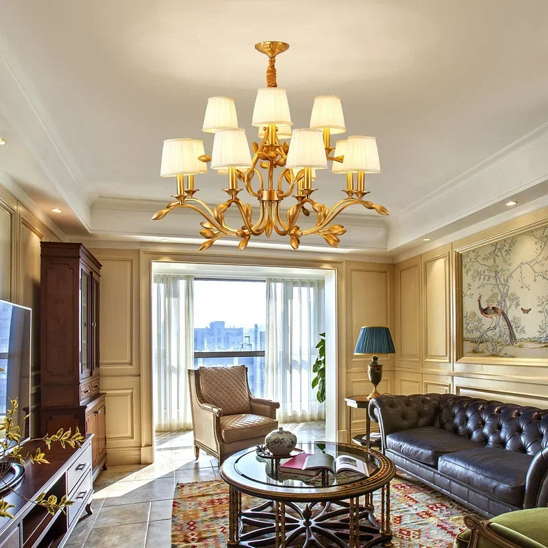 Gold Copper Chandelier with Fabric Shades & LED Lighting