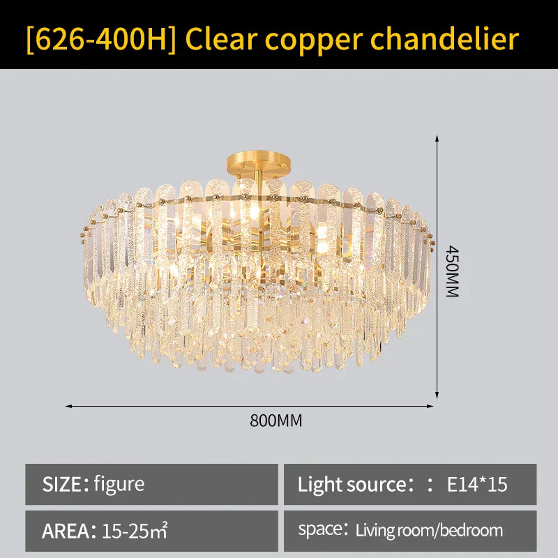 Luxury Copper Crystal Chandelier Light for Living Room and Bedroom
