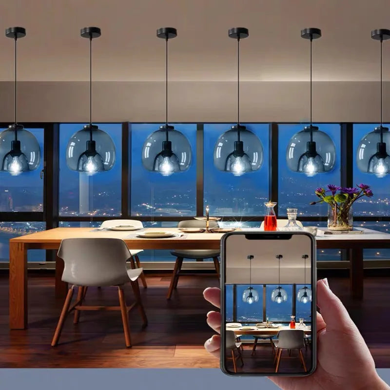 Smoke Gray Glass Pendant Lights: Minimalist Nordic LED Industrial Hanging Lamp