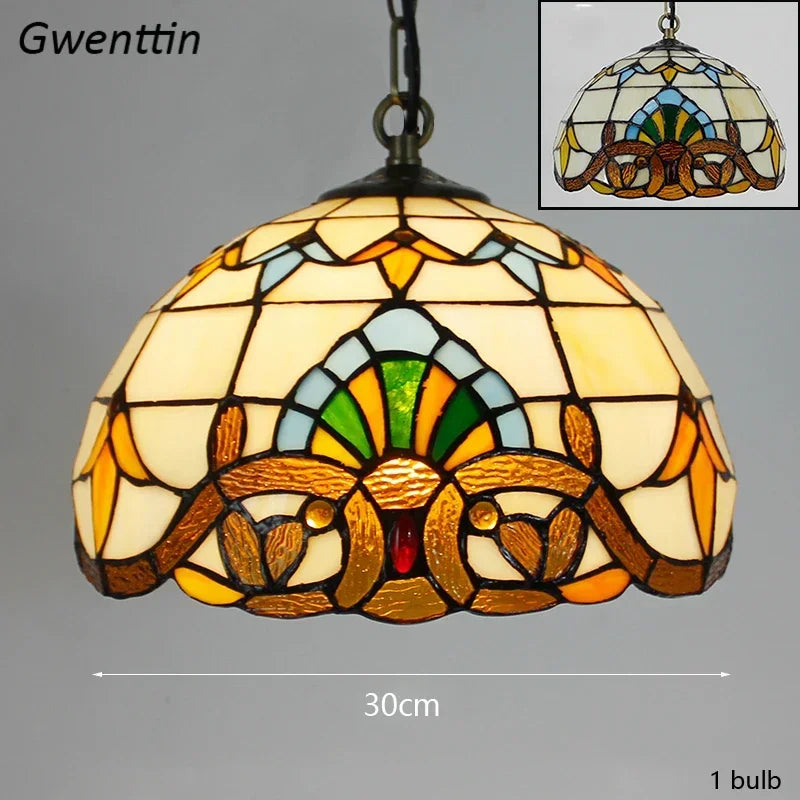 Mediterranean Tiffany Stained Glass Pendant Light Vintage Hanging Lamp Art Decor