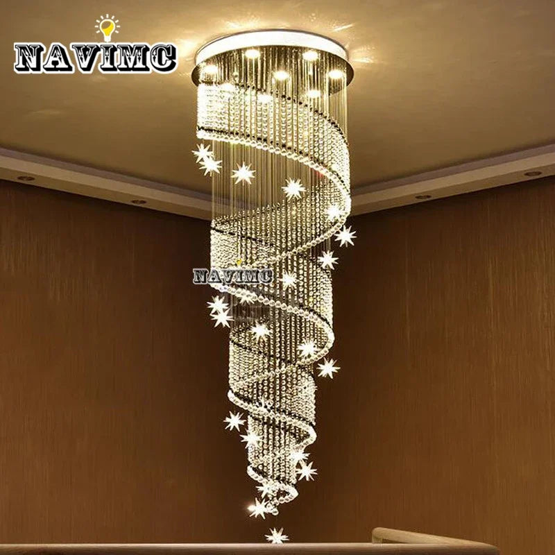 Moon & Star Crystal Chandelier: Spiral Design for Lobby and Staircase Lighting