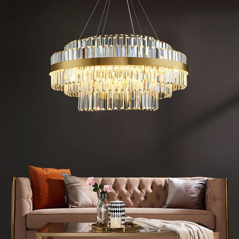 Gold Metal Round Dimmable LED Pendant Light with K9 Crystals