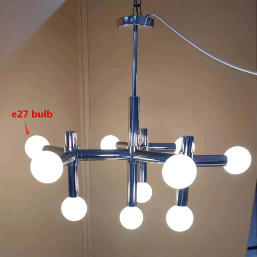 Tubular Chrome Chandelier with White Glass Shades - Modern Mid-Century Lighting