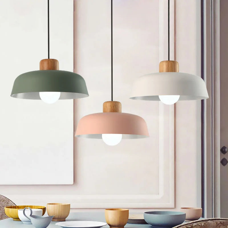 Nordic Wood Aluminum Pendant Lights Modern Hanging Lamps E27 LED Chandelier