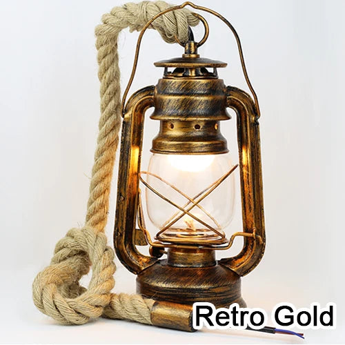 Vintage Kerosene Pendant Light Fixture with Hemp Rope for Home Decor