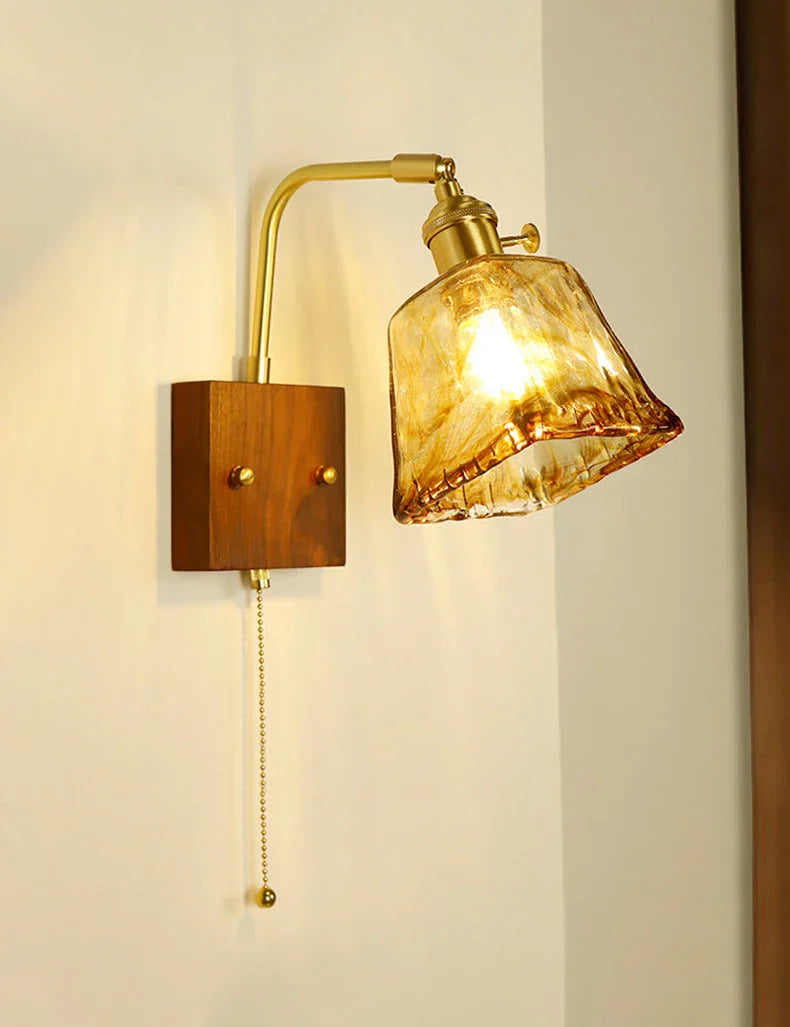 Wooden Brass Glass Wall Lamp Modern Bedroom Bedside Light
