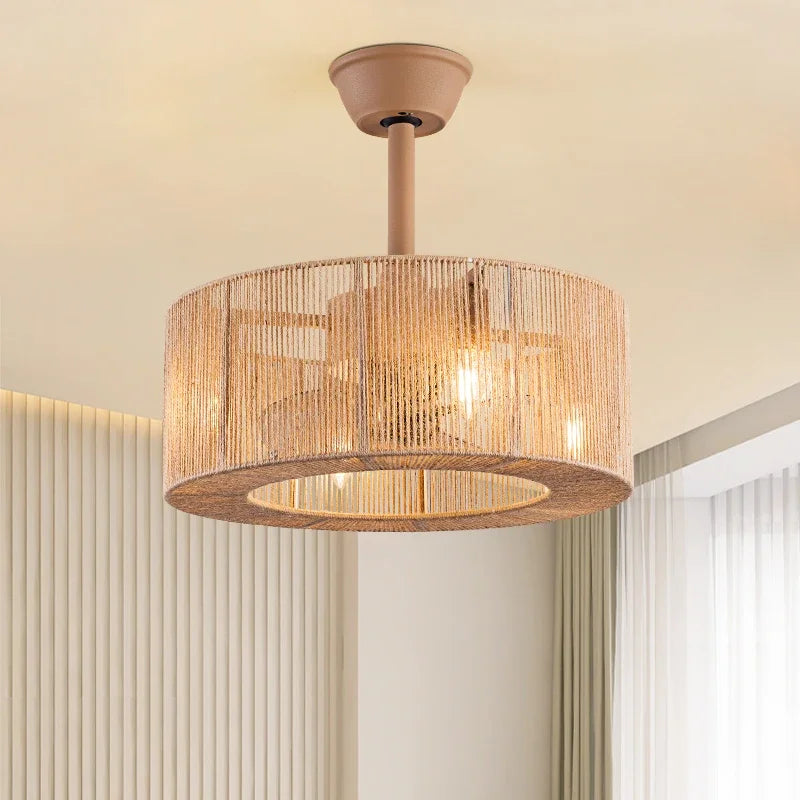 Braided Rope Lantern Ceiling Fan Light: Reversible, Dimmable, 6-Speed Home Decor