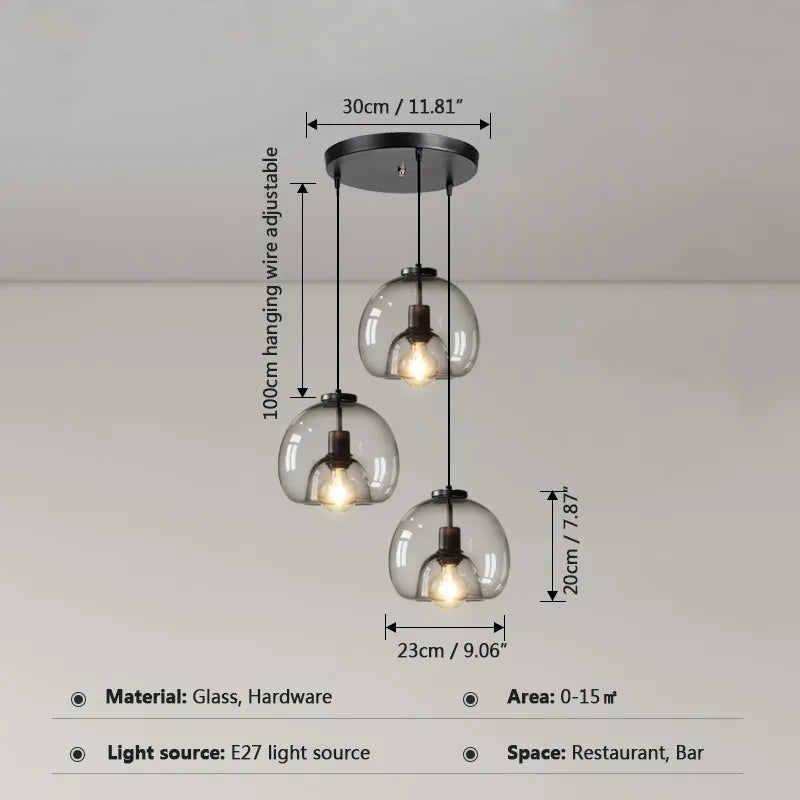 Smoke Gray Glass Pendant Lights: Minimalist Nordic LED Industrial Hanging Lamp
