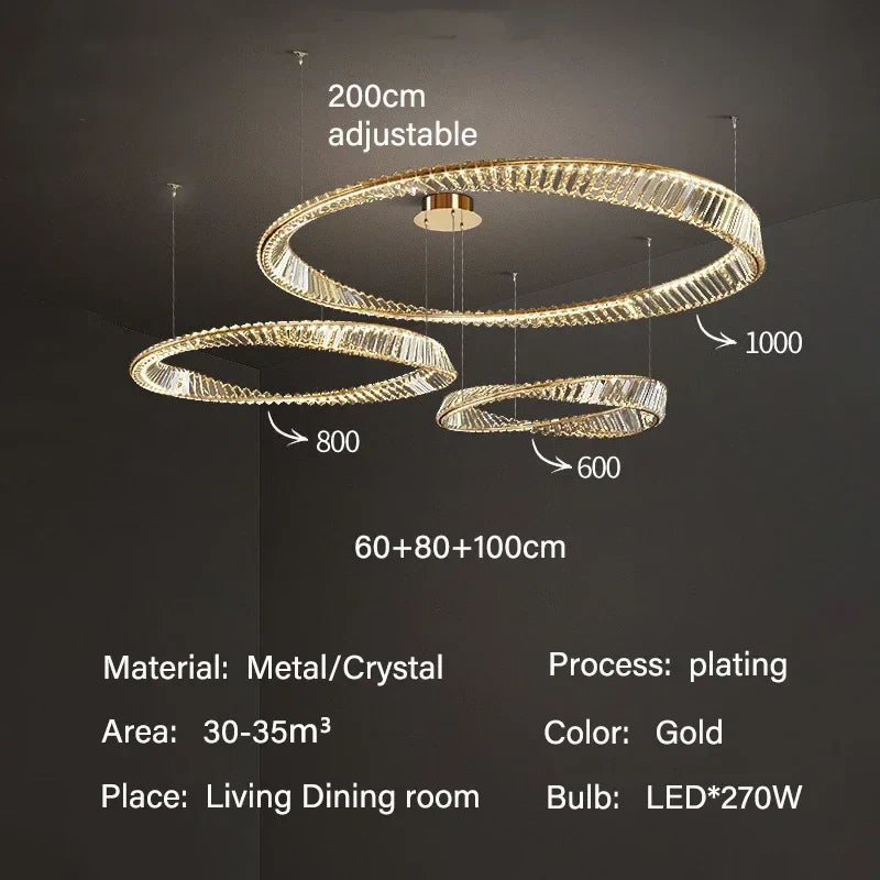 Luxury Gold LED Crystal Pendant Chandelier for Living & Dining Room Lighting
