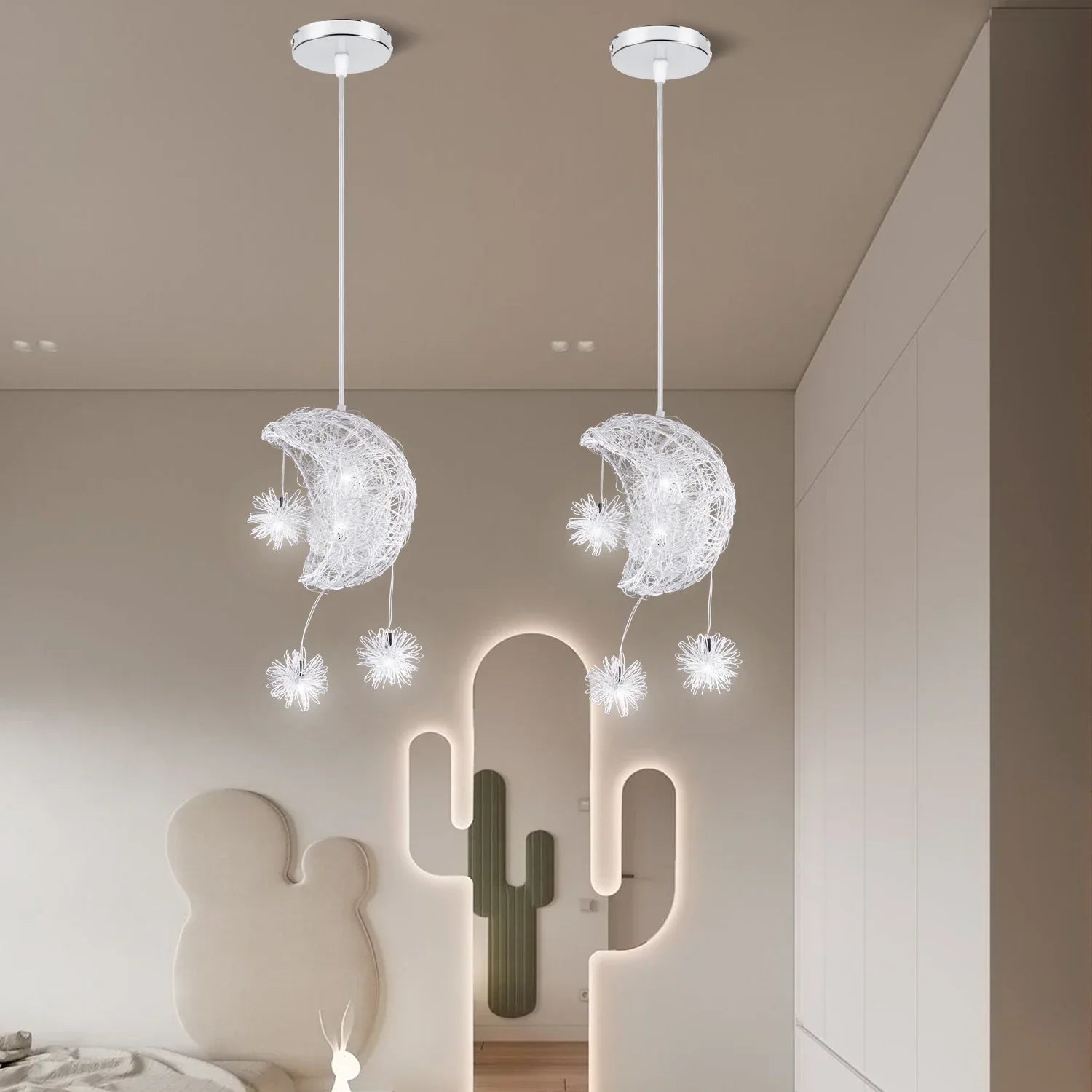 Moon Star Pendant Light Chandelier LED Fixture for Kid Bedroom & Christmas Decor