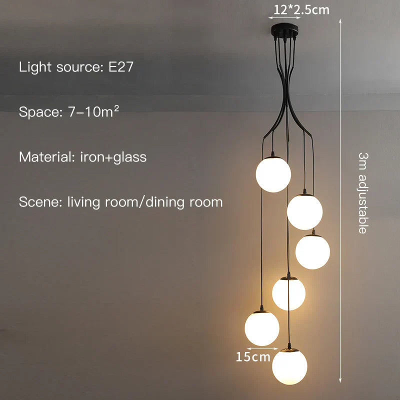 Glass Ball LED Chandelier, Modern Minimalist Loft Villa Staircase Decor