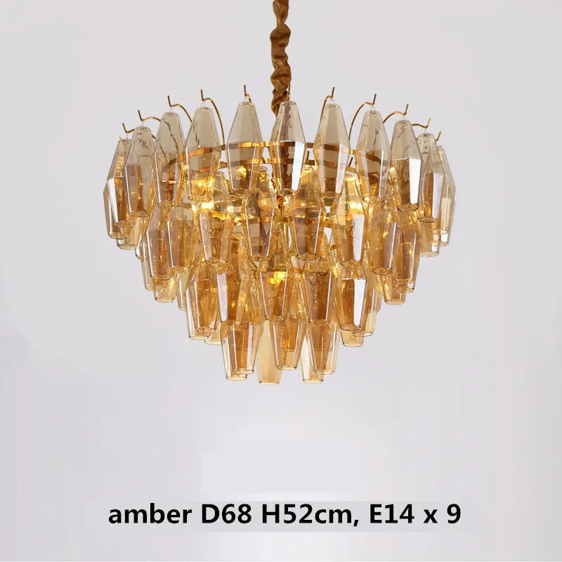 Modern Luxury Metal Amber Glass Pendant Lights Gray Chain Lighting Fixture