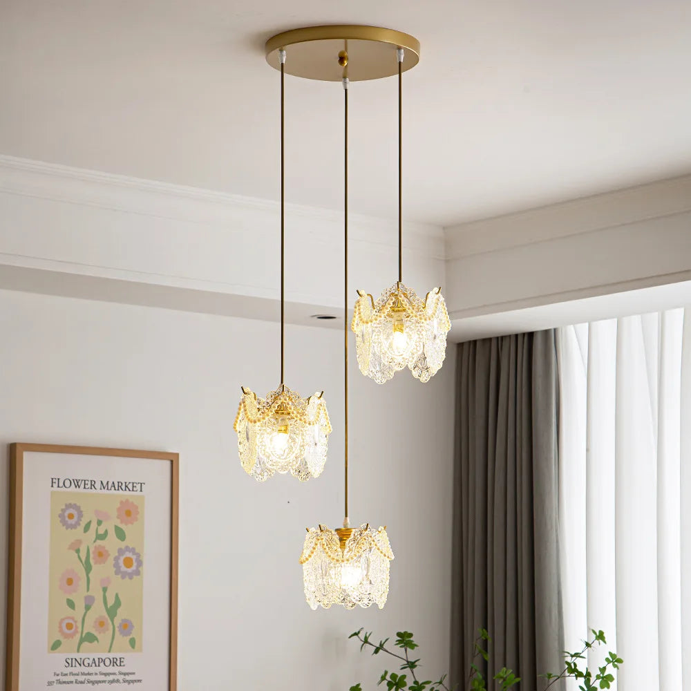 Carved Glass Pearl Chandelier for Dining Room, Living Bedroom, Study, Balcony - LED Pendant Lighting