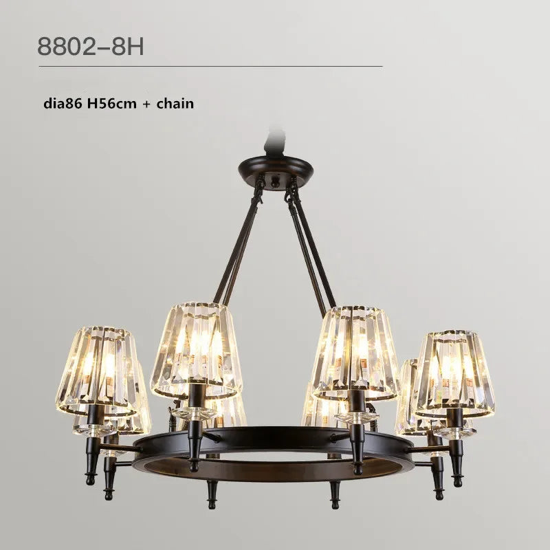 Matte Black Metal LED Chandelier with K9 Crystal Shades - Round Pendant Lighting