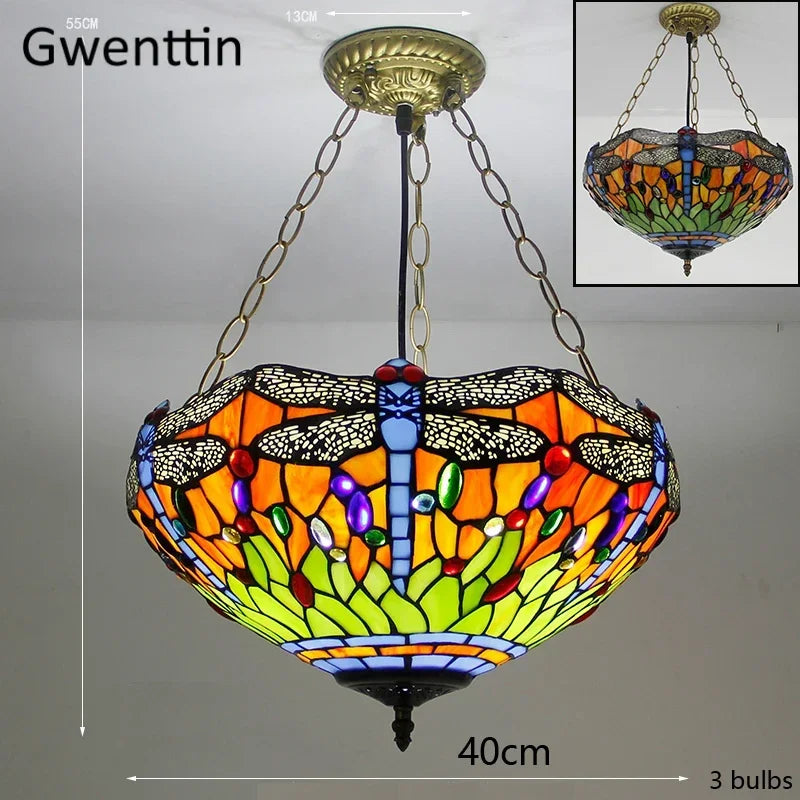Mediterranean Tiffany Stained Glass Pendant Light Vintage Hanging Lamp Art Decor