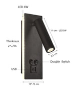 Black Brass LED Wall Lamp with USB Port & Switch - 3W Spotlight for Bedroom