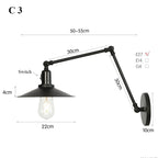 Retro Long Arm Bedside Wall Lamp with Switch - Black