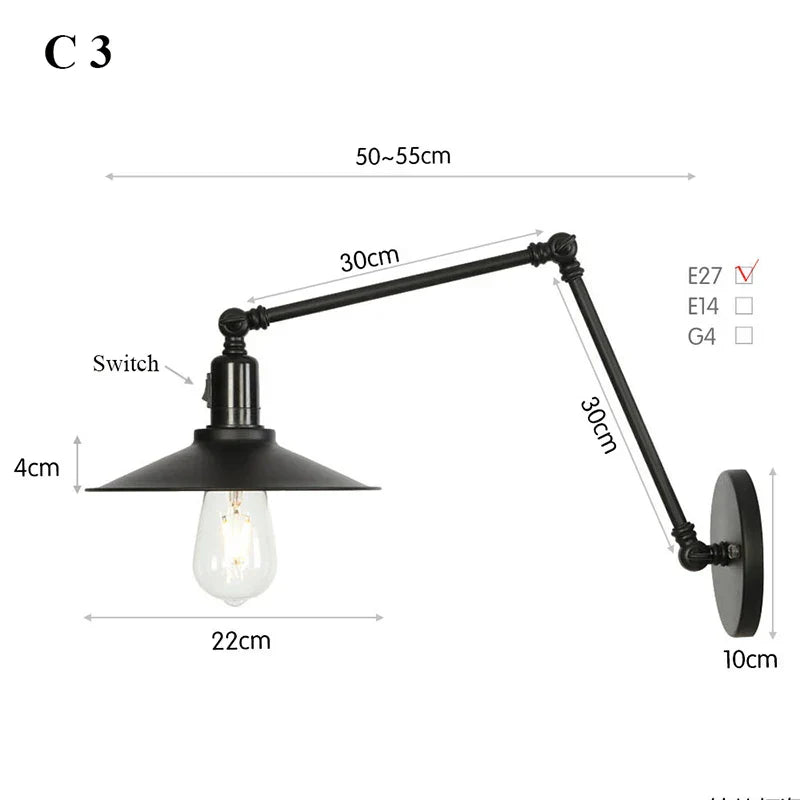 Retro Long Arm Bedside Wall Lamp with Switch - Black