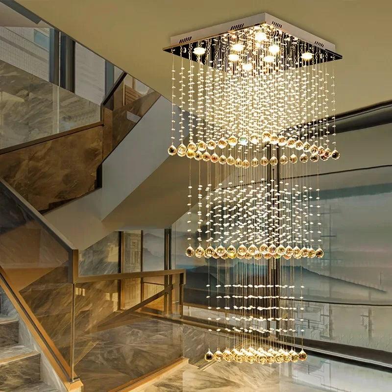 Teardrop Crystal Stairwell Chandelier | Luxury Long Stair Pendant Light