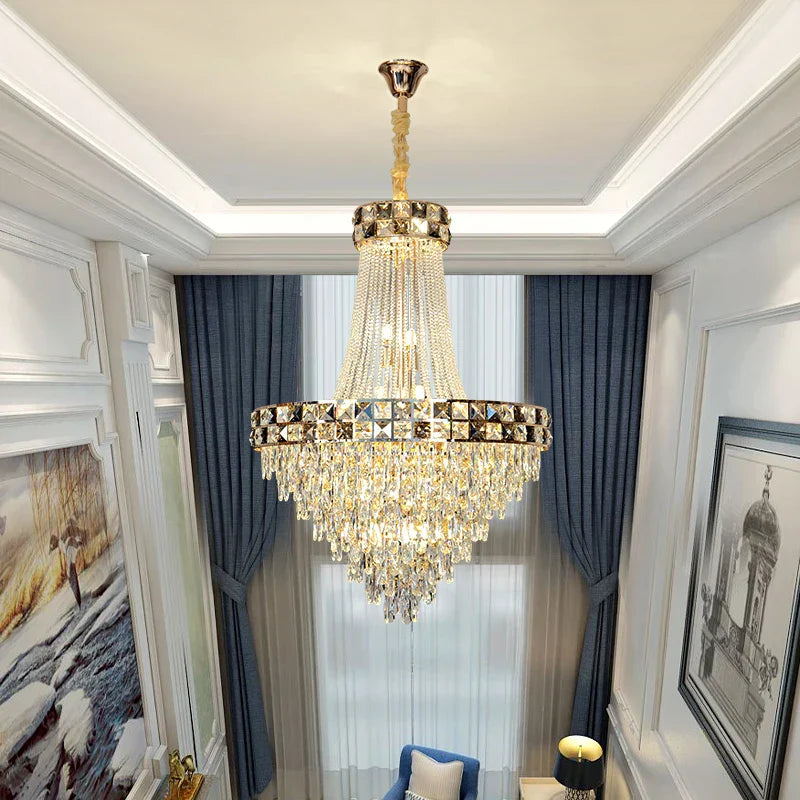Smart Dimming Crystal Chandelier for Luxury Villa Living Room, High-end Duplex Building Atmosphere