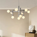 Tubular Chrome Chandelier with White Glass Shades - Modern Mid-Century Lighting