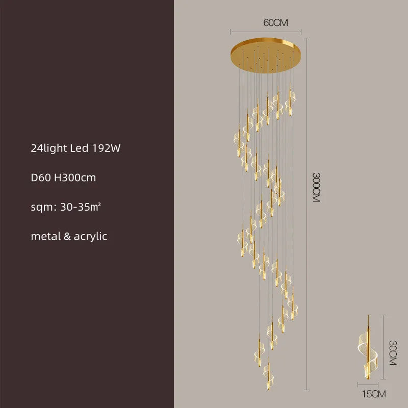 Modern Gold Spiral Stairs Acrylic Chandelier LED Pendant Lighting Spiral Stairs Hanging Luminarias