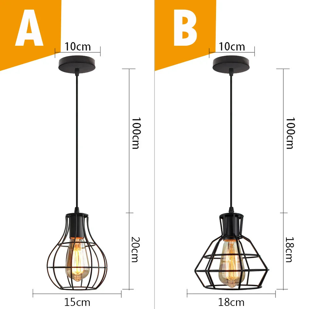 Black Metal Cage Pendant Light - Vintage Industrial Loft Kitchen Lighting