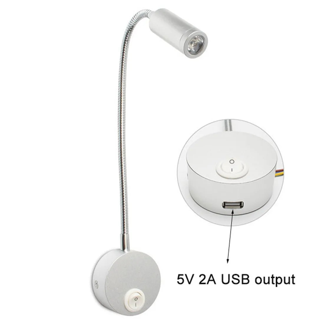 USB Wall Lamp LED Reading Light 3W 3000K 4000K 6000K Black Silver White