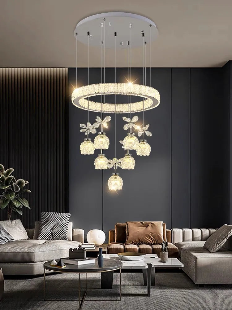 Crystal Petal Ceiling Chandelier: Modern Round Chrome Hanging Light for Home Decor