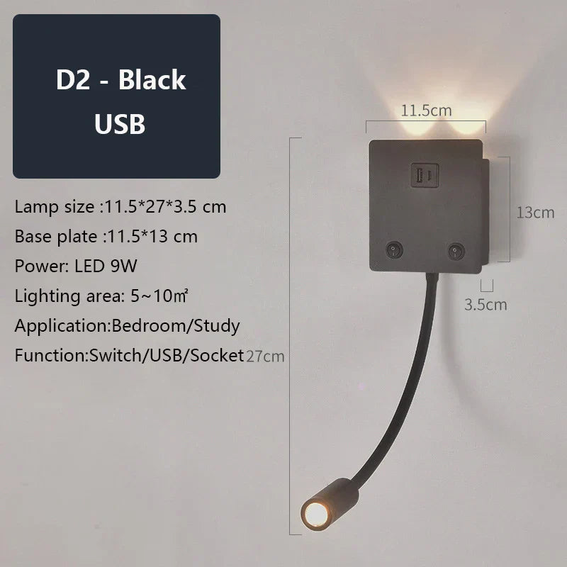 Rotatable LED Wall Sconce Lamp with USB Port & Socket for Bedrooms, Restaurants - White/Black