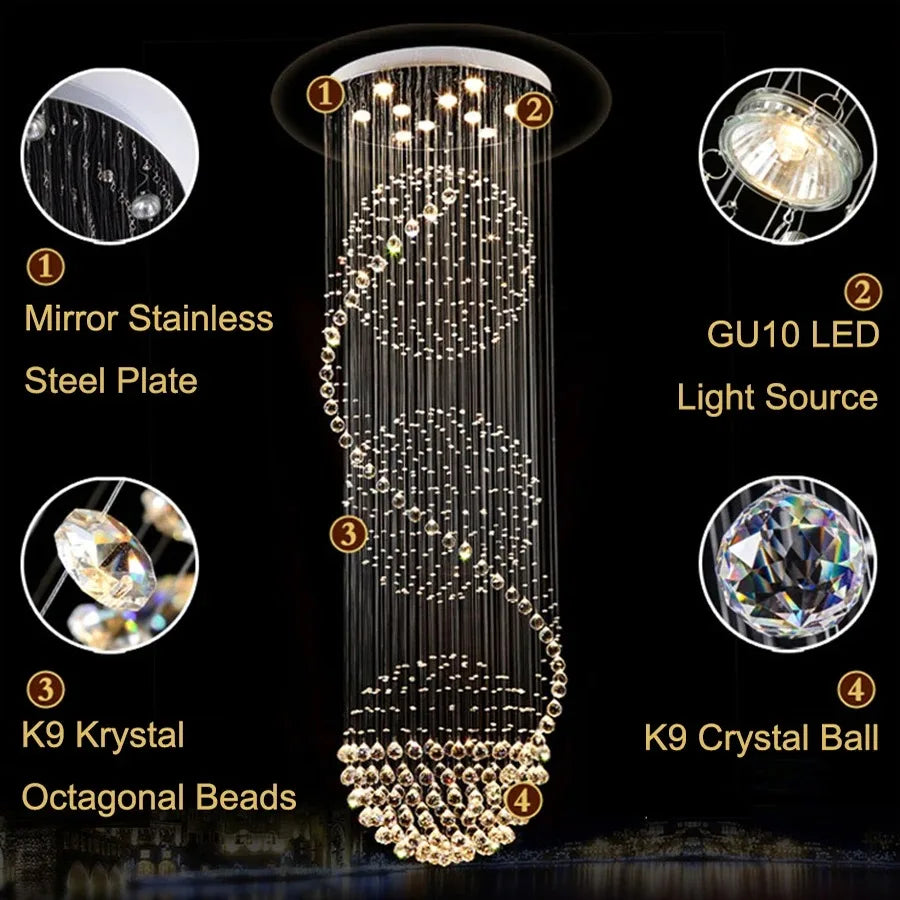 LED Spiral Crystal Ball Chandelier for Staircase | Modern Indoor Hanging Light Fixture