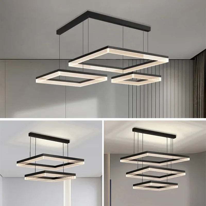 Minimalist Black Square Frame LED Chandelier for Living Room