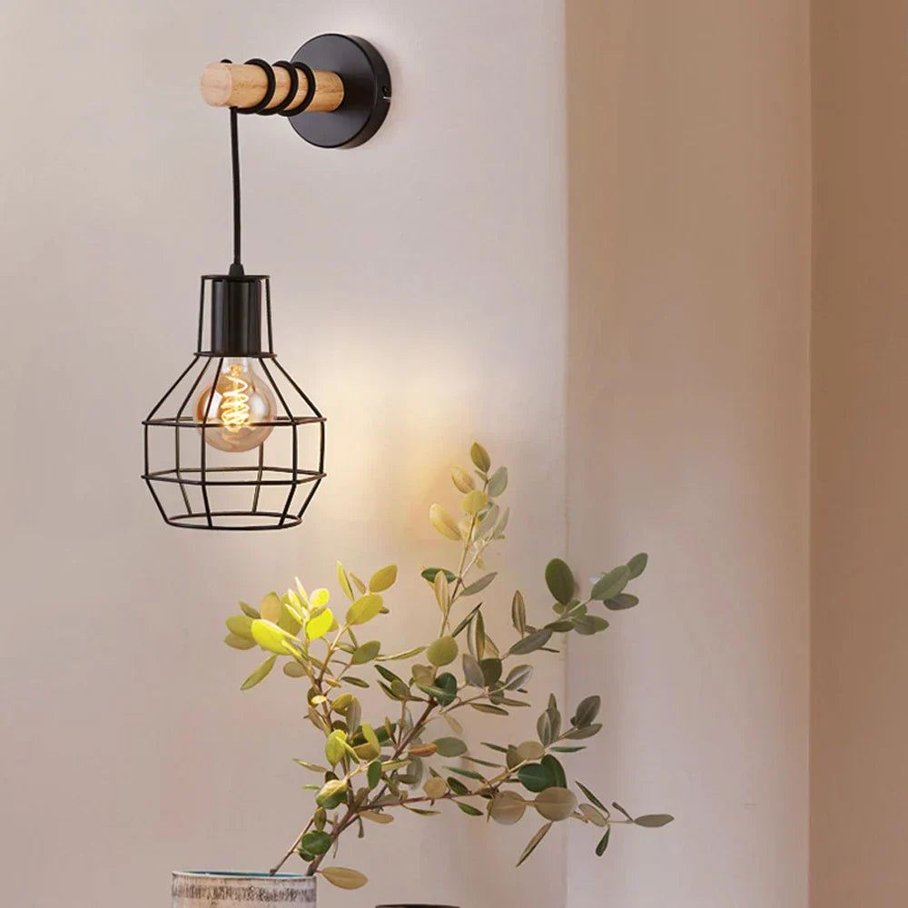 Loft American Iron Wood Wall Sconce Vintage Cage Guard Lampshade Fixture